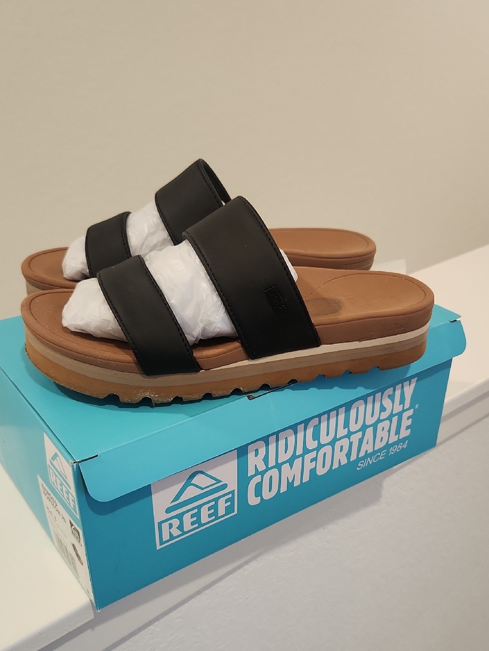 Reef Black Double-Strap Platform Slides with Tan Footbed